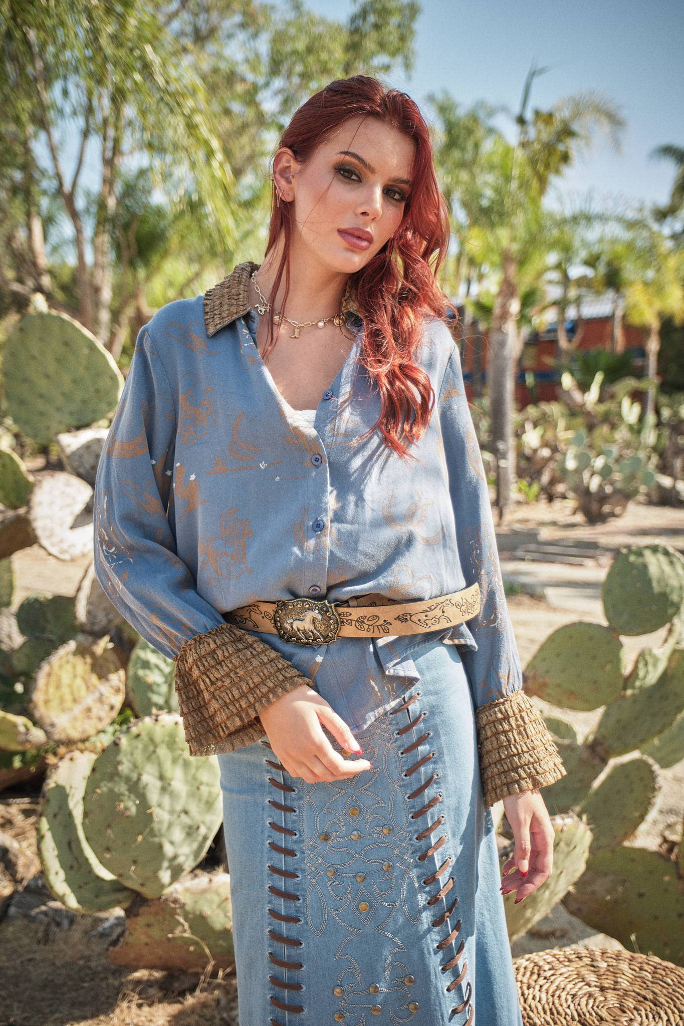 Western Printed Ruffle Cuff Shirt: DENIM BLUE