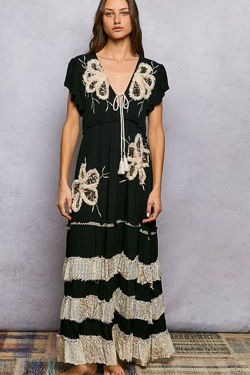 Ruffle Trim V-neck Embroidery Sequins Tassel Long Dress: Black