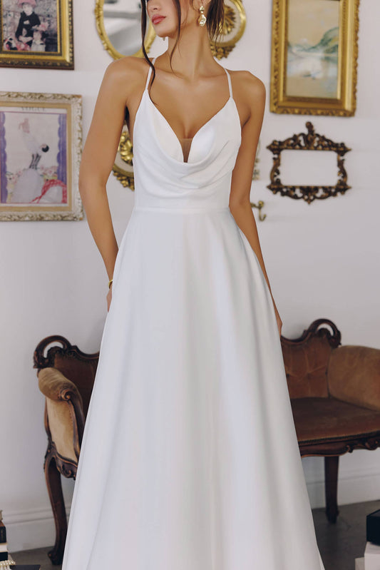 SATIN A-LINE OFF-WHITE DRESS WITH COWL NECKLINE: Off White / 2X