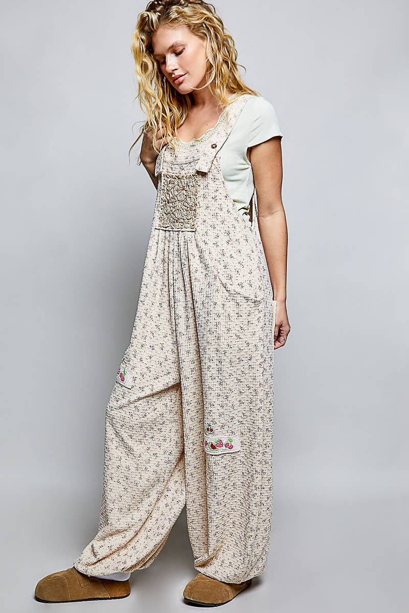 Vintage Floral Knit Contrast Pocket Jogger Overalls: CREAM MULTI