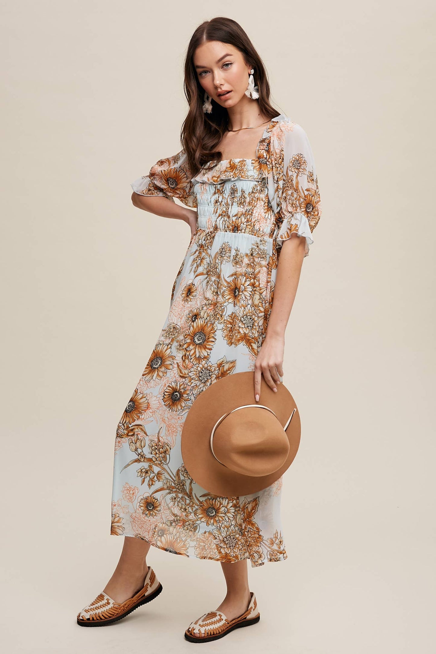 Floral Smocked Midi Dress: Butter Scotch