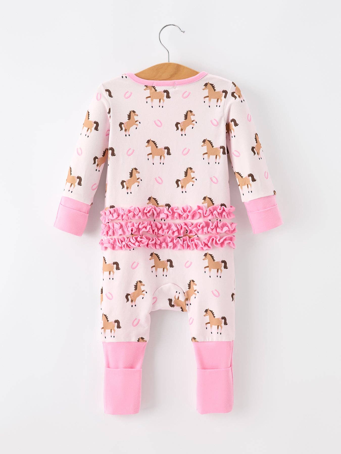 Western Horse Print Girls Romper Ruffle Zipper Long Sleeve