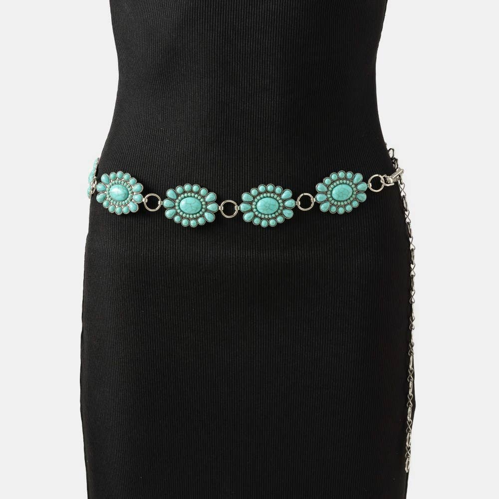 Western Turquoise Stone Bead Concho Disc Chain Belt: Silver