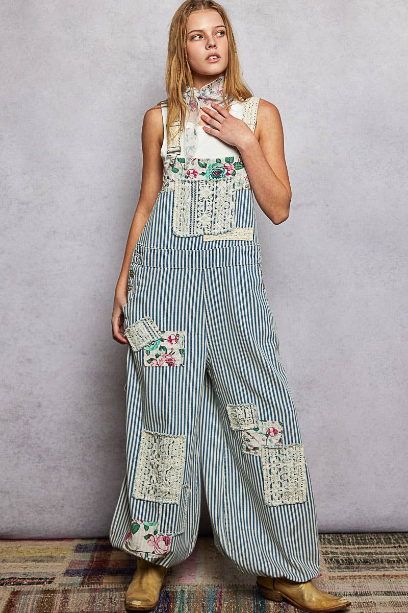 Printed Lace Patch Trim Strap Relaxed Fit Jogger Overall : DENIM