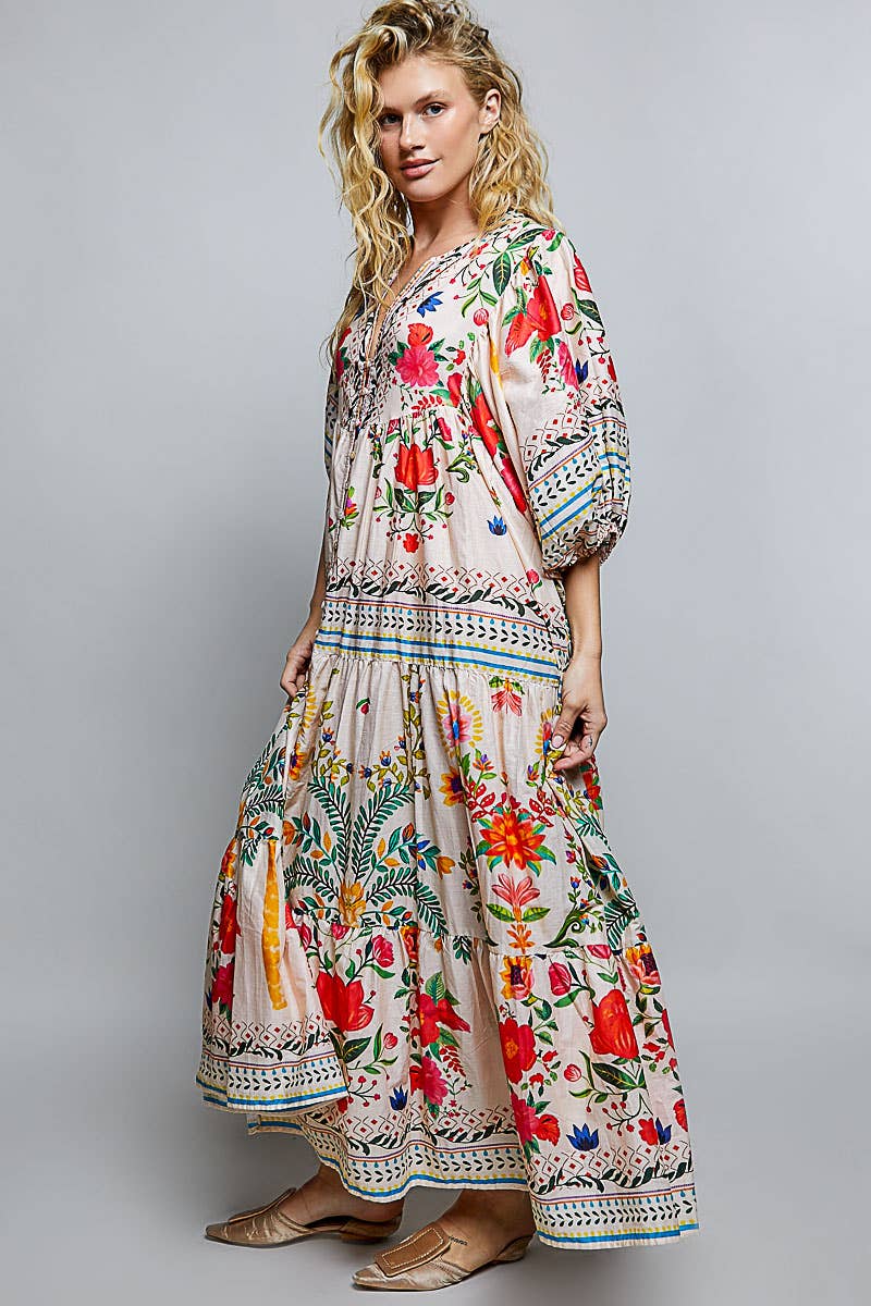 Boho Deep V-Neck Floral Balloon Sleeve Long Dress: NATURAL MULTI