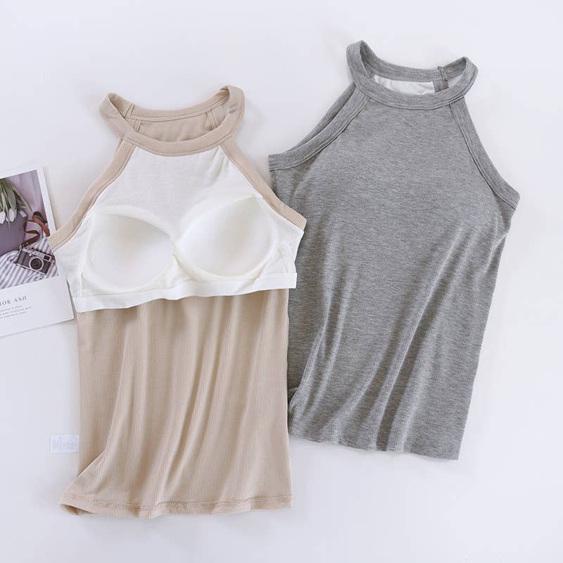 Laid back halter neck rib knit built-in bra tank top: Coca