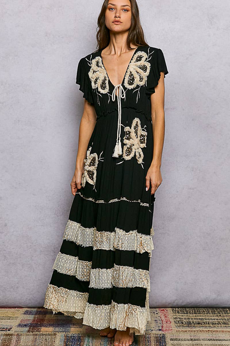 Ruffle Trim V-neck Embroidery Sequins Tassel Long Dress: Black