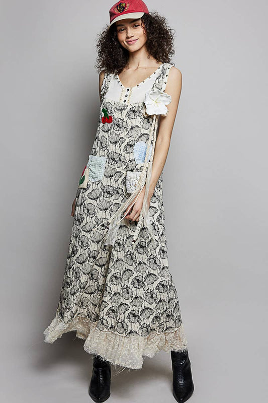 Handmade Patch Lace Ruffle Vintage Washing Wide overalls: NATURAL FLORAL