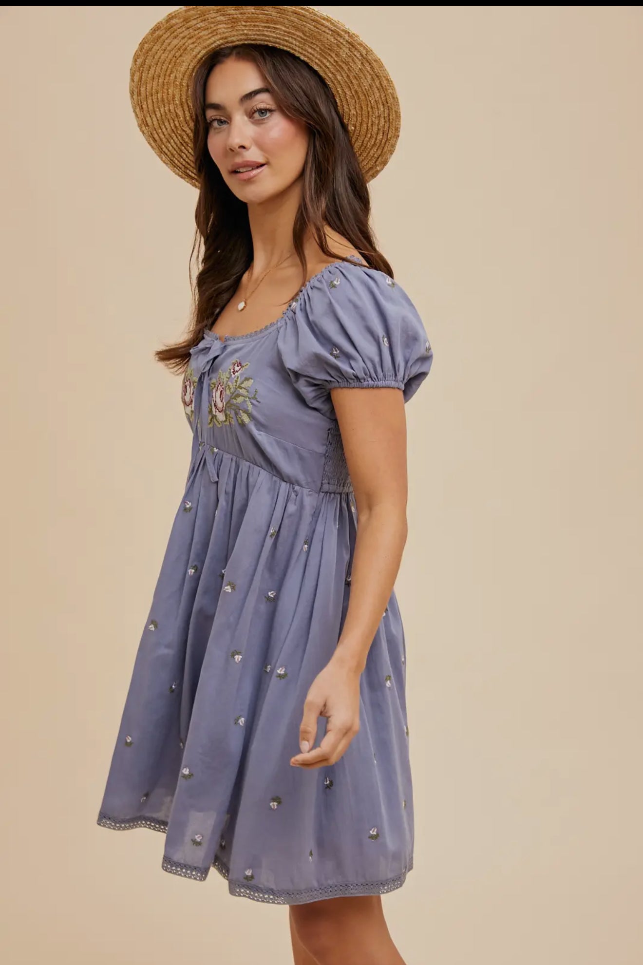 Cross Stitched Embroidered Babydoll
Mini Dress