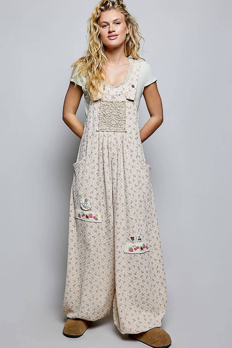 Vintage Floral Knit Contrast Pocket Jogger Overalls: CREAM MULTI