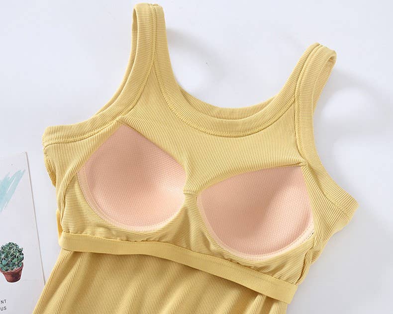Athleisure built-in bra rib tank top: Yellow