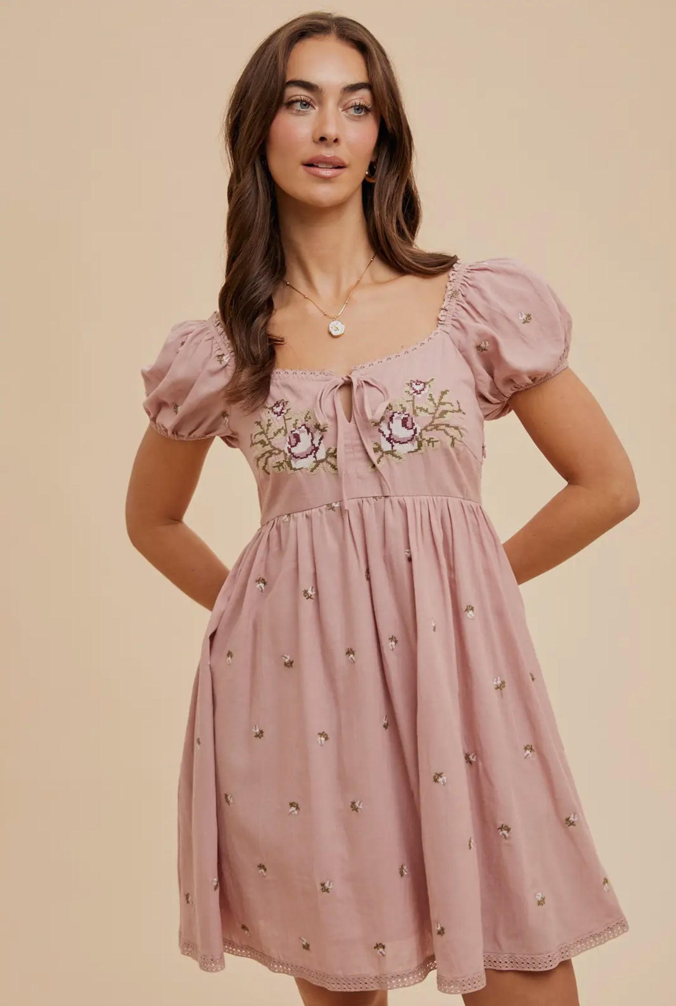 Cross Stitched Embroidered Babydoll
Mini Dress