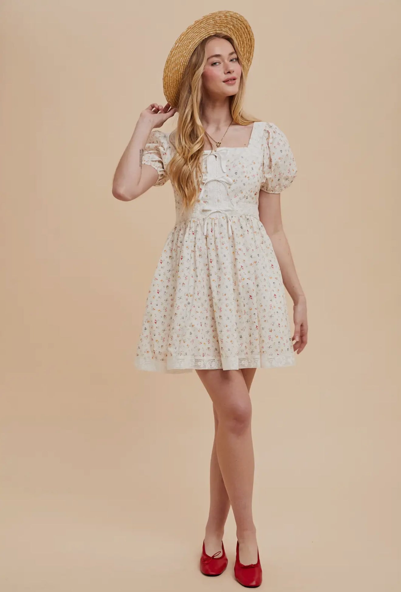 Cotton Floral Bow Mini Dress