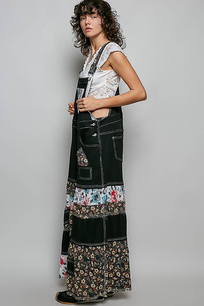Feminine Mixed Printed Fabric Ruffle Wide Leg Overall Black
