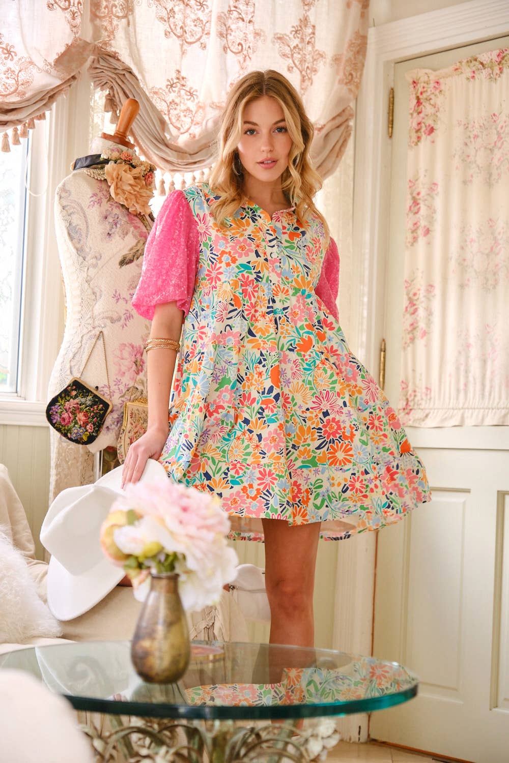 Floral Cotton Sequin Puff SLV Shirt Mini Dress: MULTI