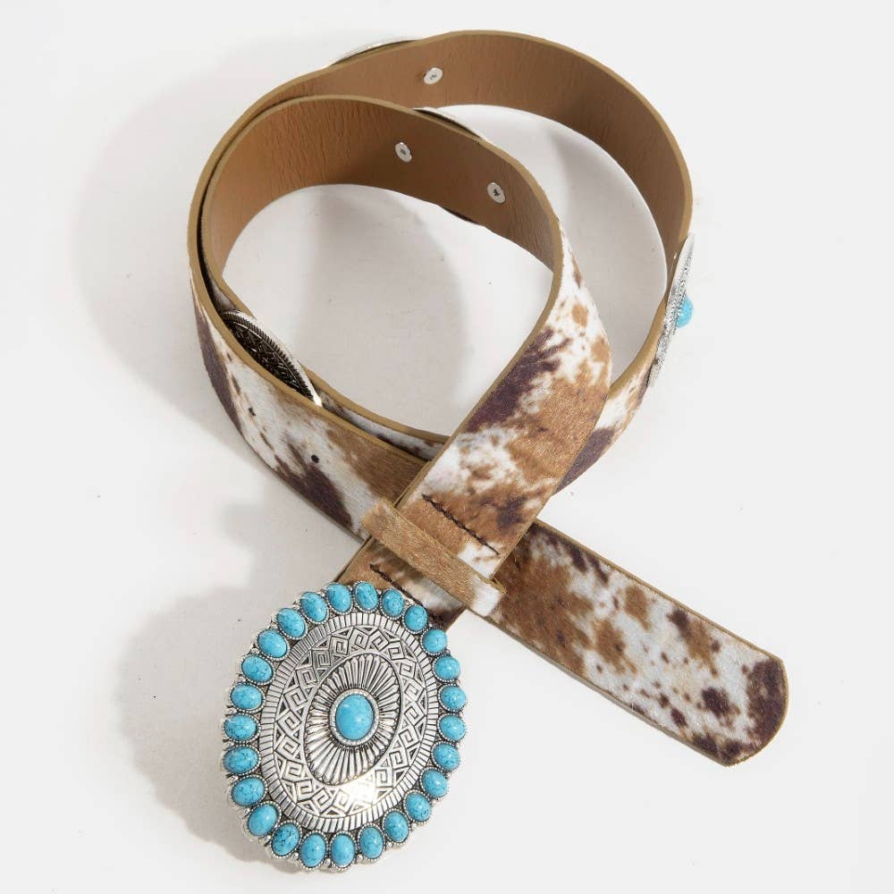 Oval Turquoise Concho Buckle Faux Leather Cowboy Belt: LCO