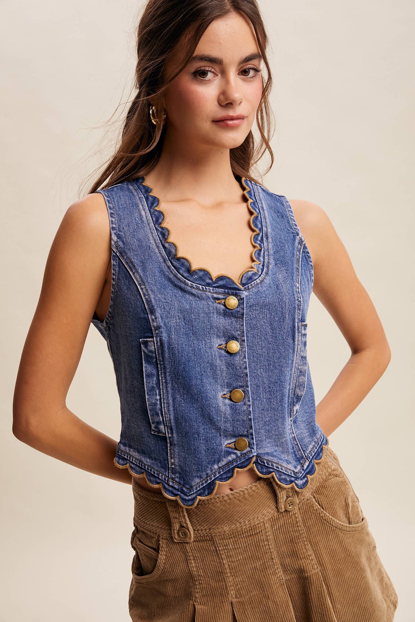 Scallop Trim Stretch Denim Vest Drift Blue