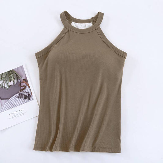 Laid back halter neck rib knit built-in bra tank top: Coca