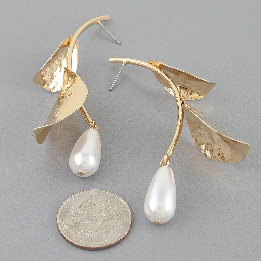 Hammered Leaf Pearl Stone Drop Earrings