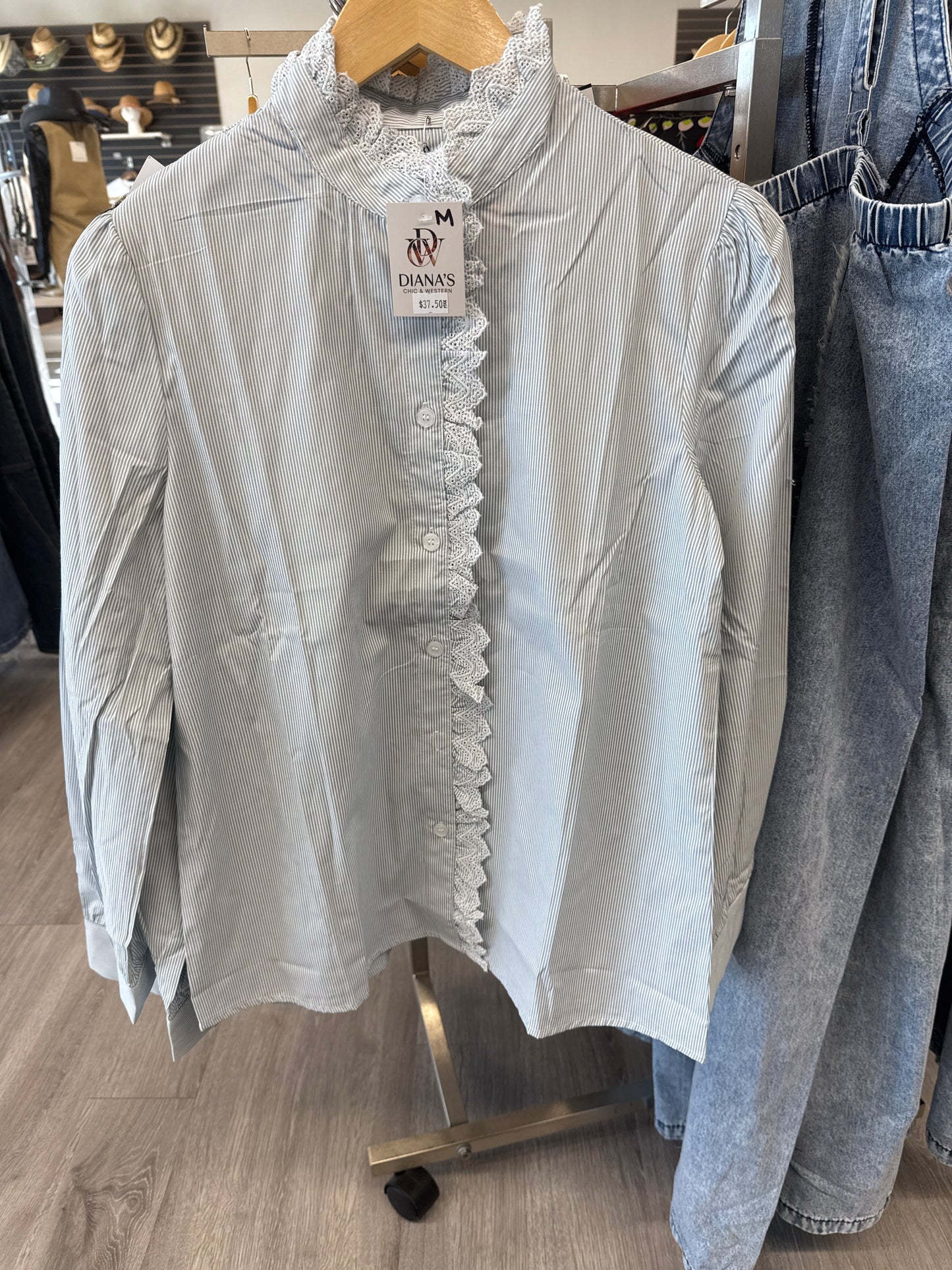 Stand Collar Elegant Lace Ruffled
Striped Shirt