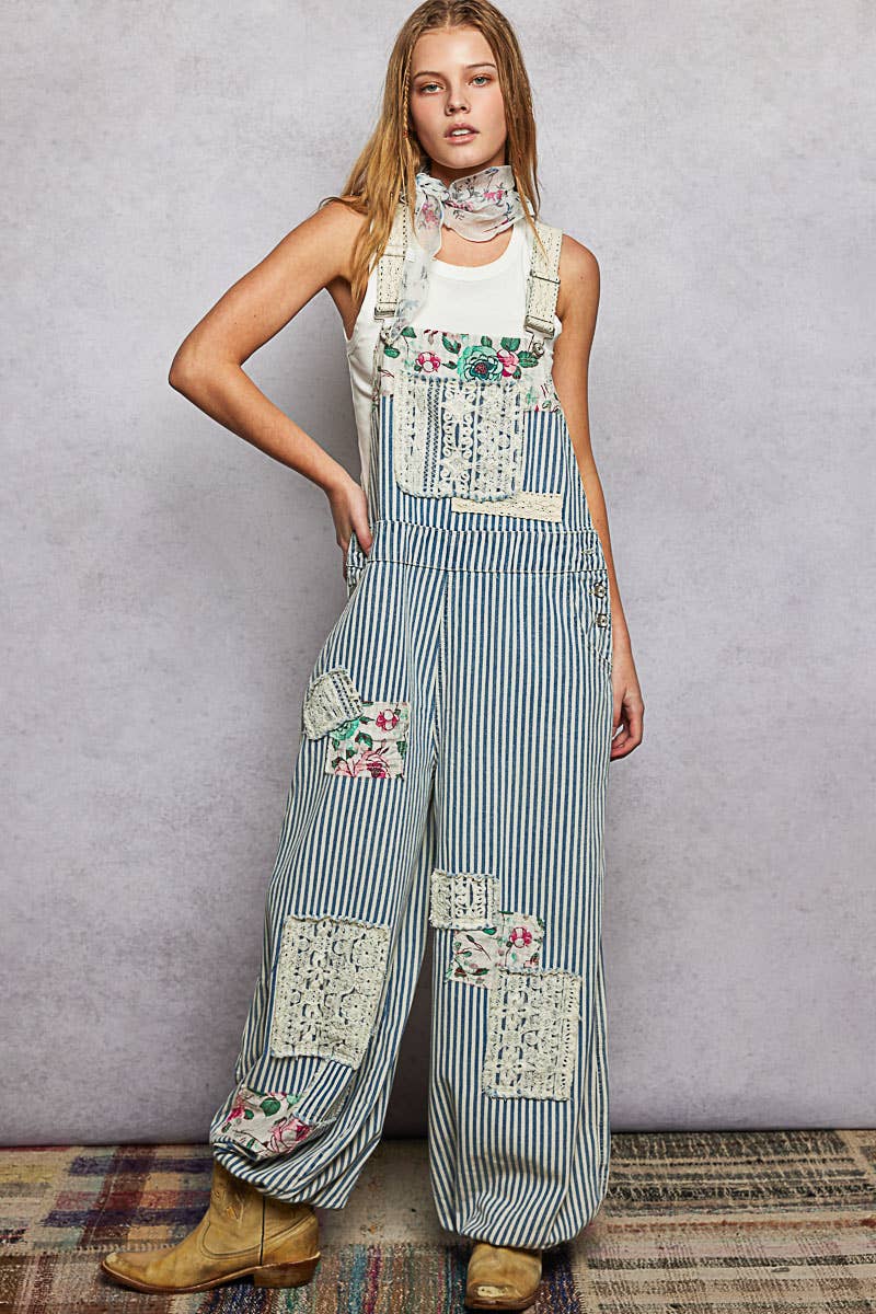 Printed Lace Patch Trim Strap Relaxed Fit Jogger Overall : DENIM