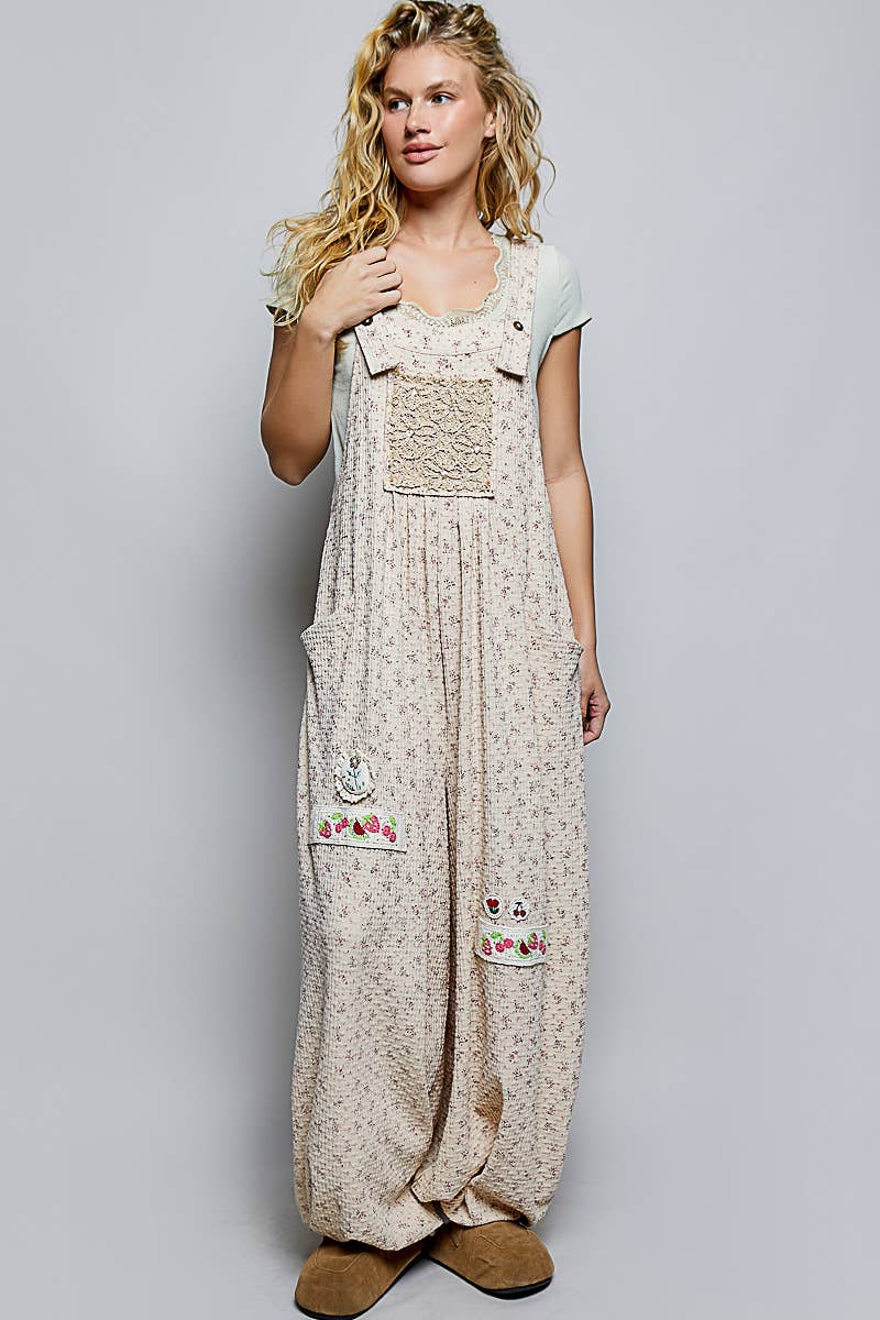Vintage Floral Knit Contrast Pocket Jogger Overalls: CREAM MULTI