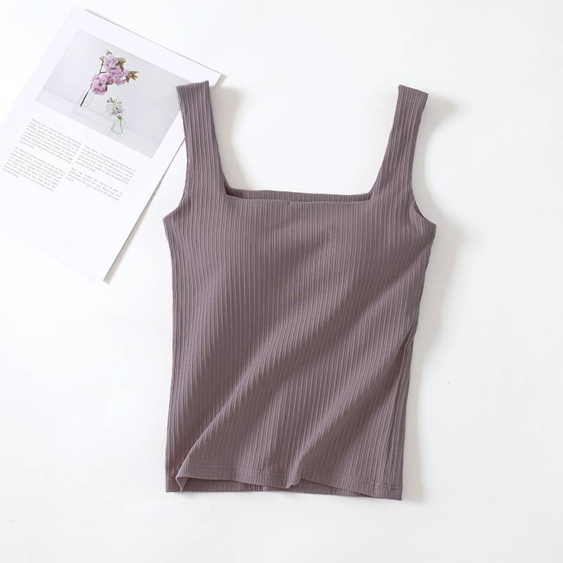 Basic Essential cotton square neck rib tank top w self bra: Purple
