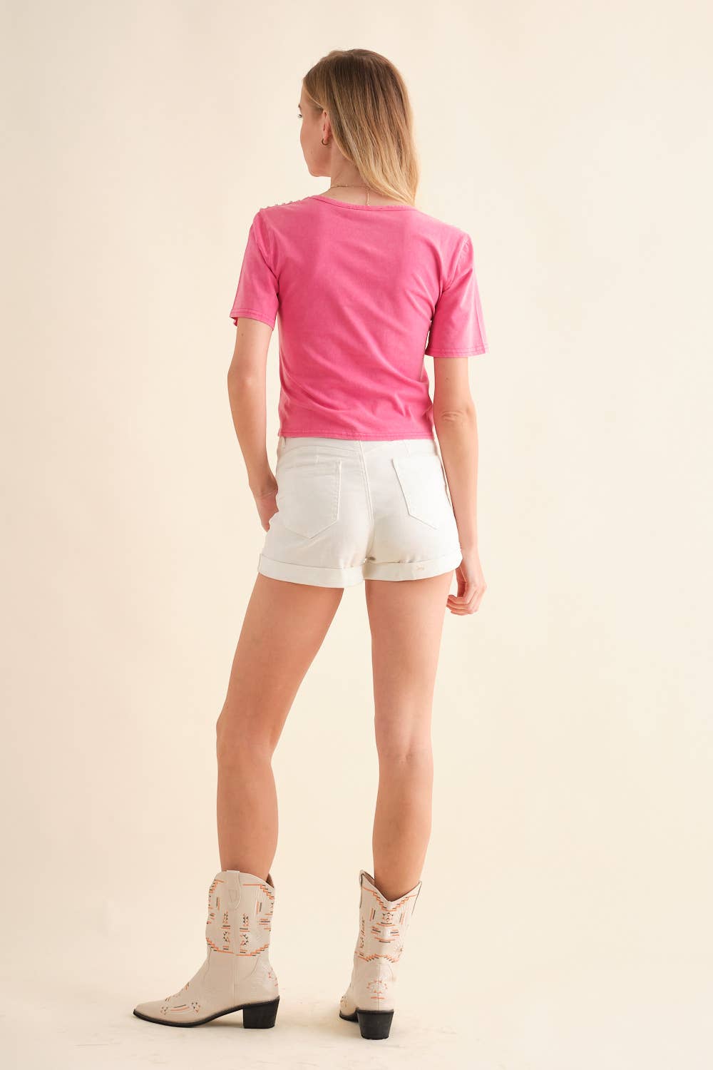 Washed Cut Out V Tunnel Cinch Tie Front Studded Tee: HOT PINK