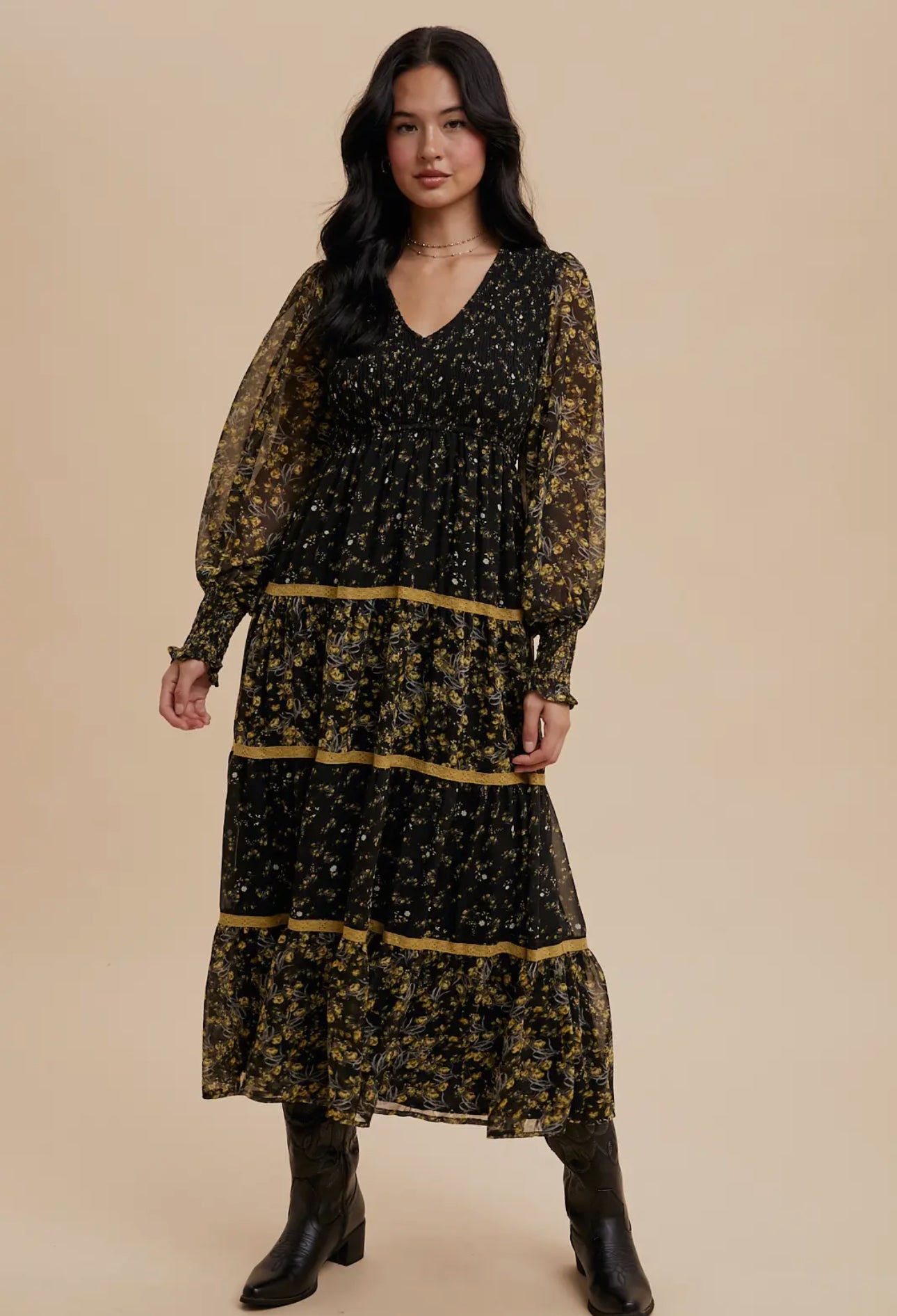 Mixed Media Smocked Floral Maxi