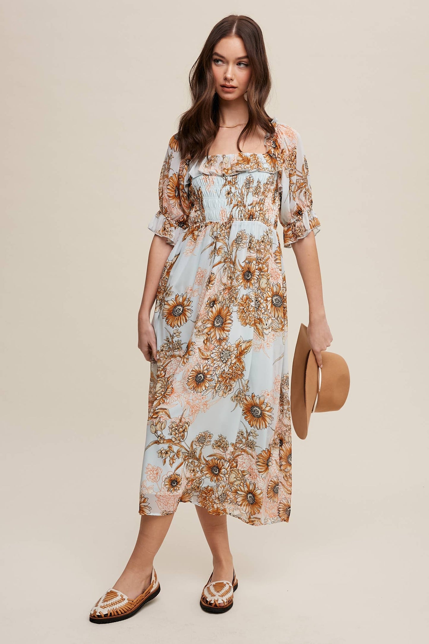Floral Smocked Midi Dress: Butter Scotch