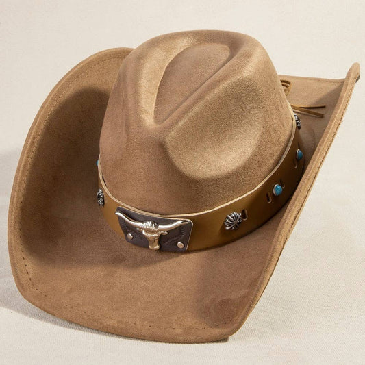 Western Bull Head Concho Accent Leather Strap Suede Cowboy