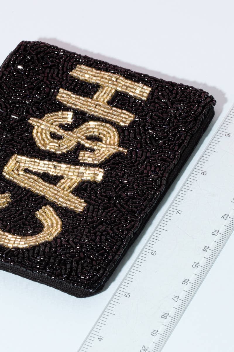 Cash Print Beaded Coin Purse: MULTI