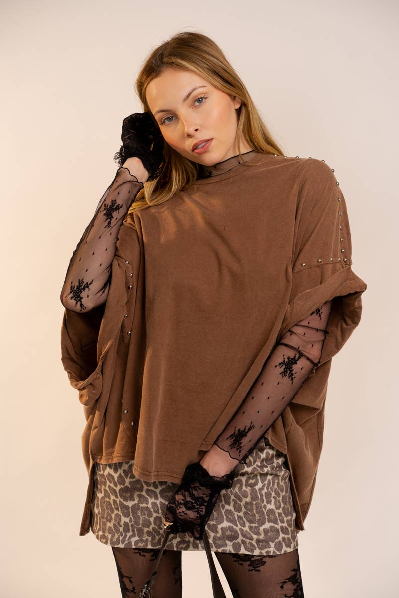 Garment Washed Roll Up Sleeve Studded High Low Tee