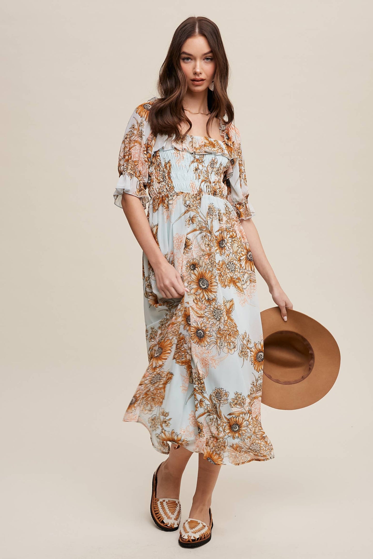 Floral Smocked Midi Dress: Butter Scotch
