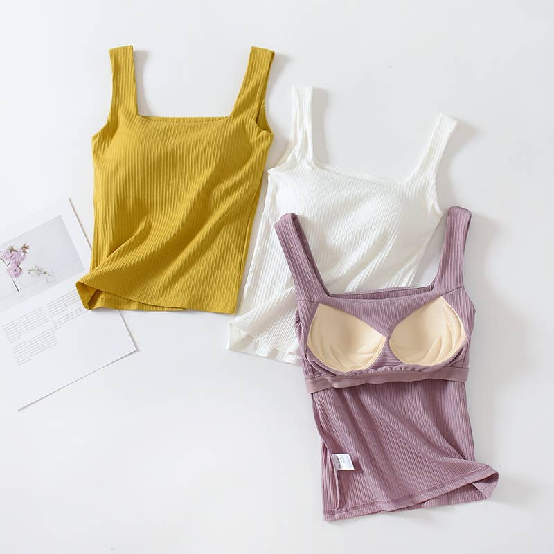 Basic Essential cotton square neck rib tank top w self bra: Black