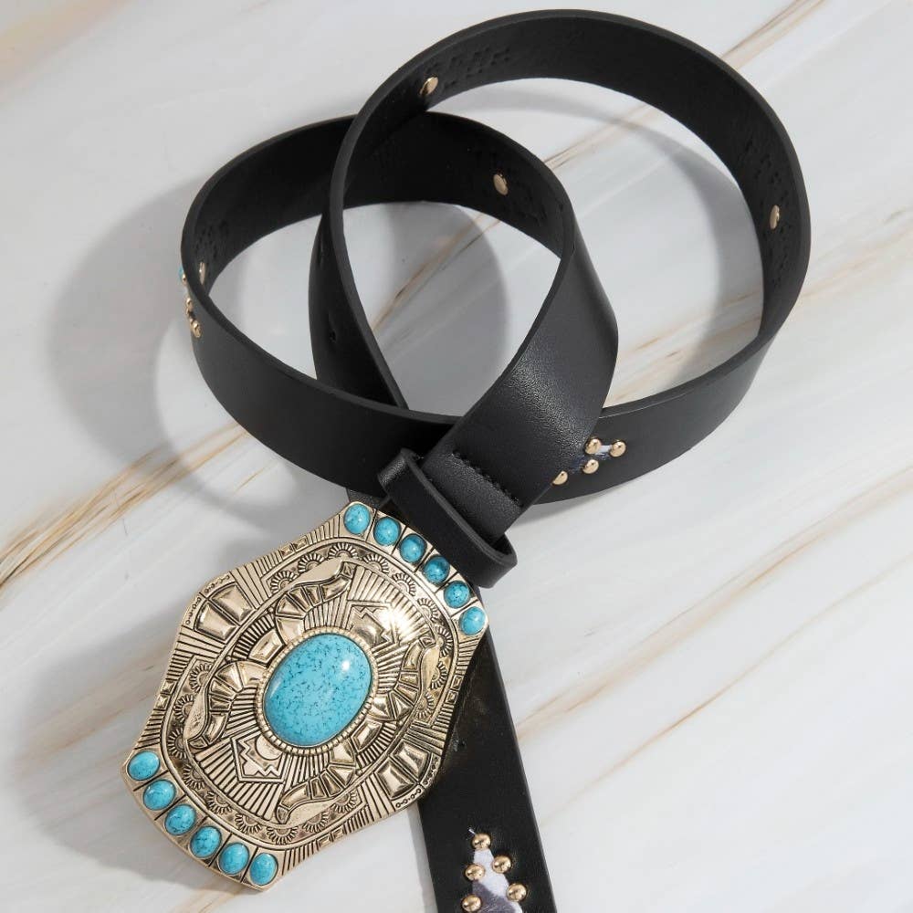 Turquoise Stone Western Concho Buckle Faux Leather Belt Gold