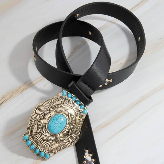 Turquoise Stone Western Concho Buckle Faux Leather Belt Gold
