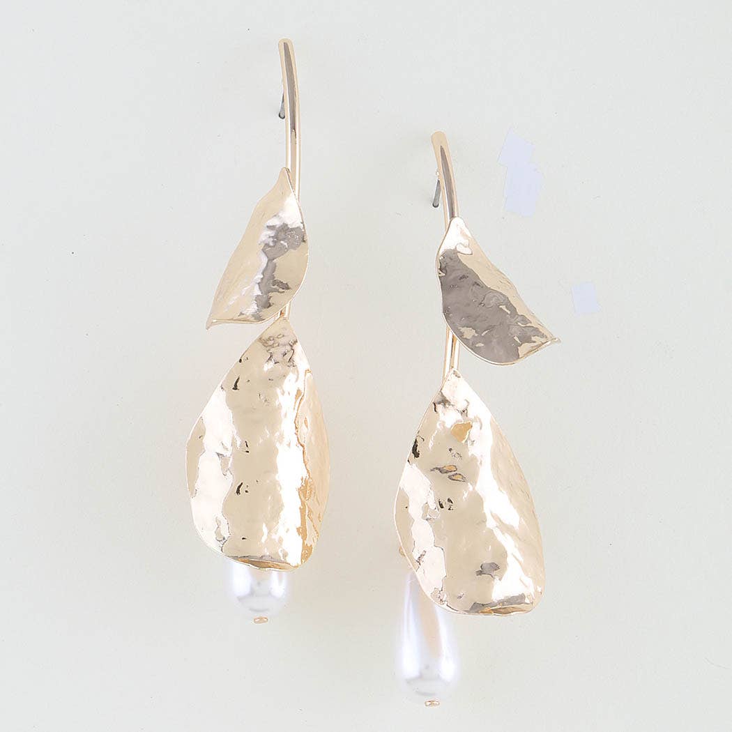 Hammered Leaf Pearl Stone Drop Earrings
