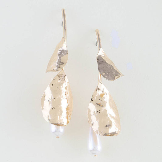 Hammered Leaf Pearl Stone Drop Earrings