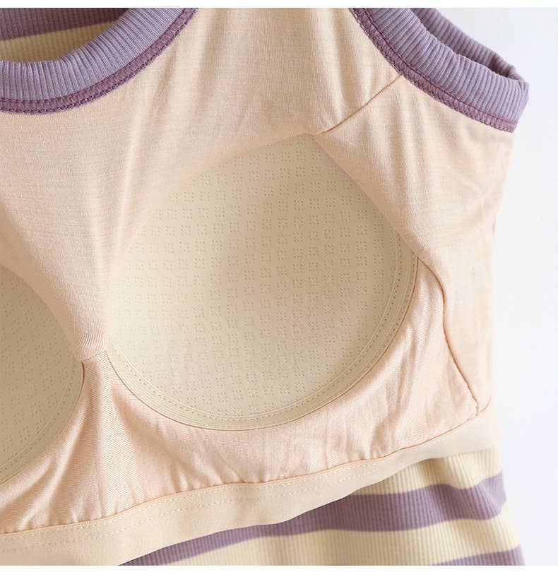 Contrast stripe scoop neck built-in bra tank top: Purple