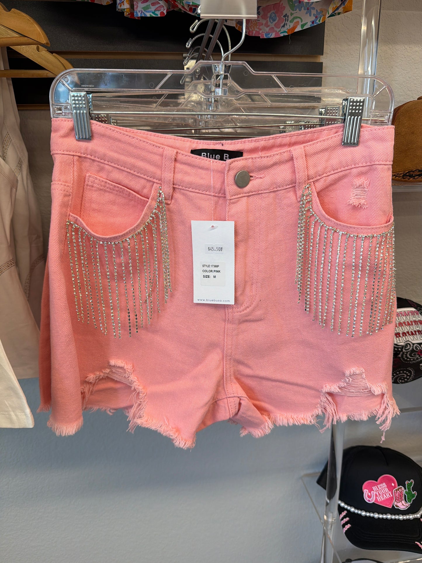 Distressed Frayed Detail Fringe Rhinestone Denim: Pink