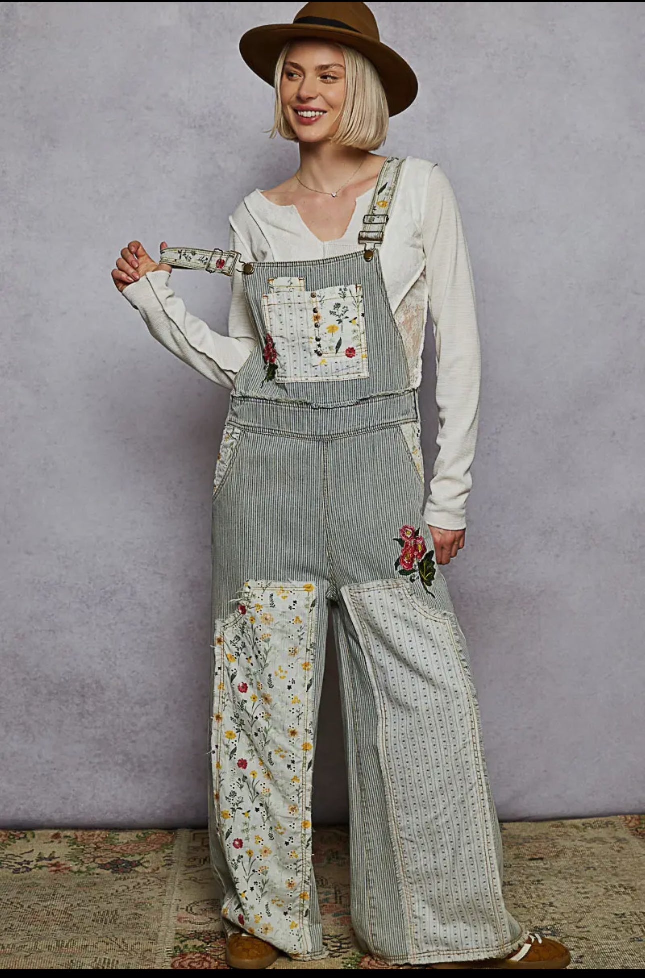 Floral Patchwork Embroidery Overall
