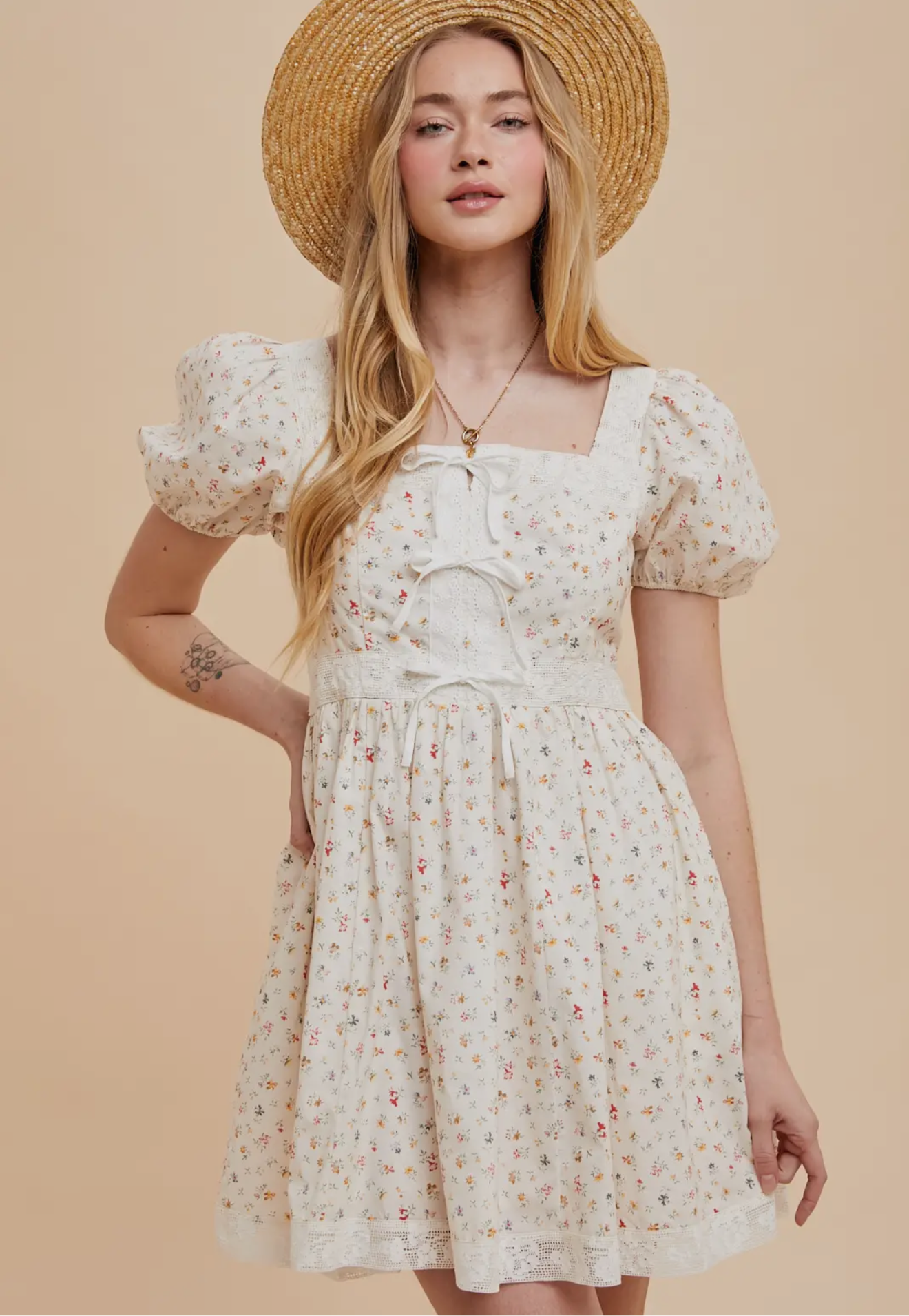 Cotton Floral Bow Mini Dress