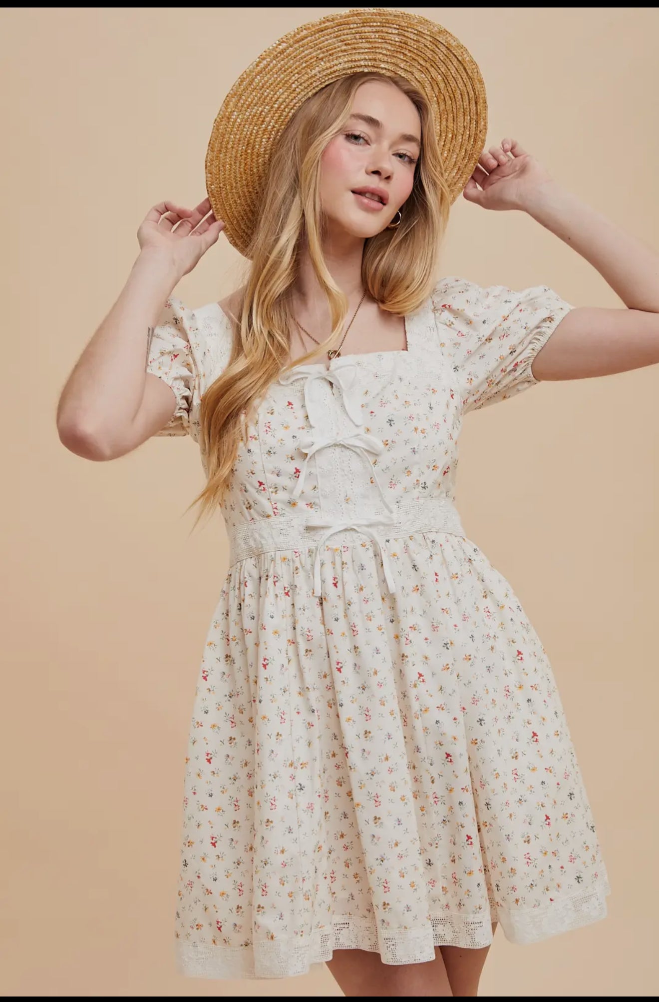Cotton Floral Bow Mini Dress