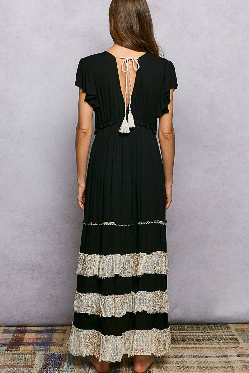 Ruffle Trim V-neck Embroidery Sequins Tassel Long Dress: Black