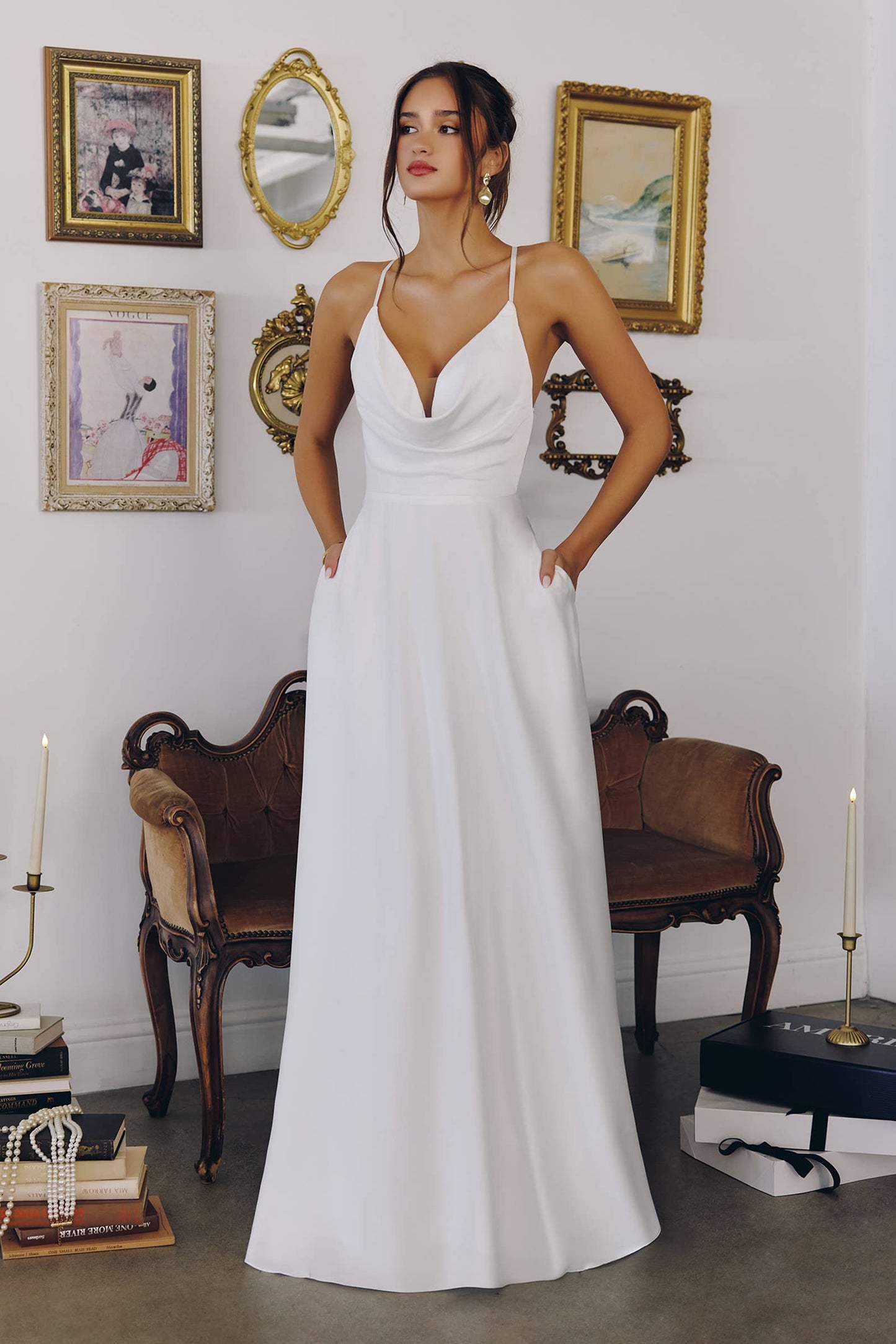 SATIN A-LINE OFF-WHITE DRESS WITH COWL NECKLINE: Off White / 2X