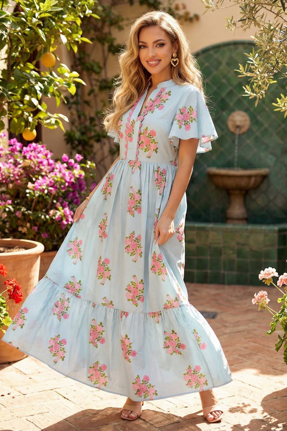 V Neck Flutter Short Sleeve Floral Maxi Dresses Sky Blue