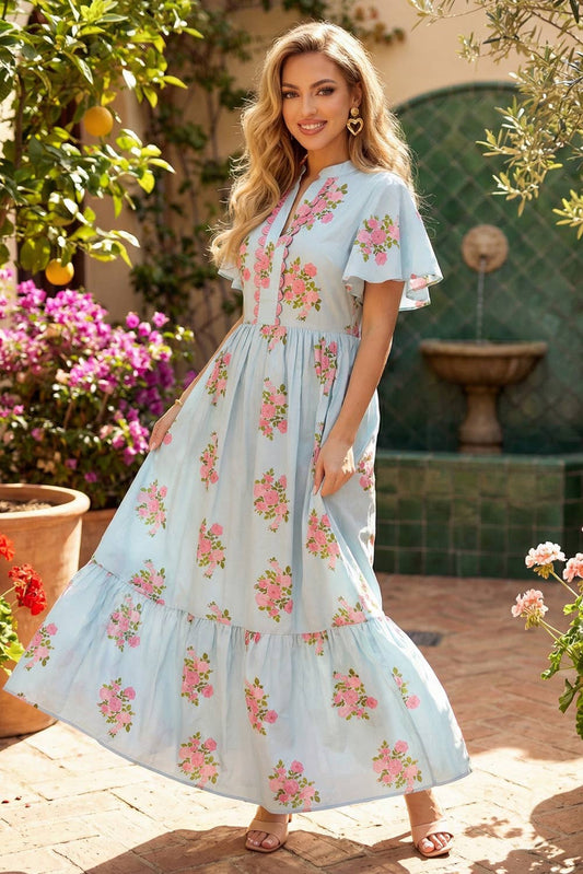 V Neck Flutter Short Sleeve Floral Maxi Dresses Sky Blue
