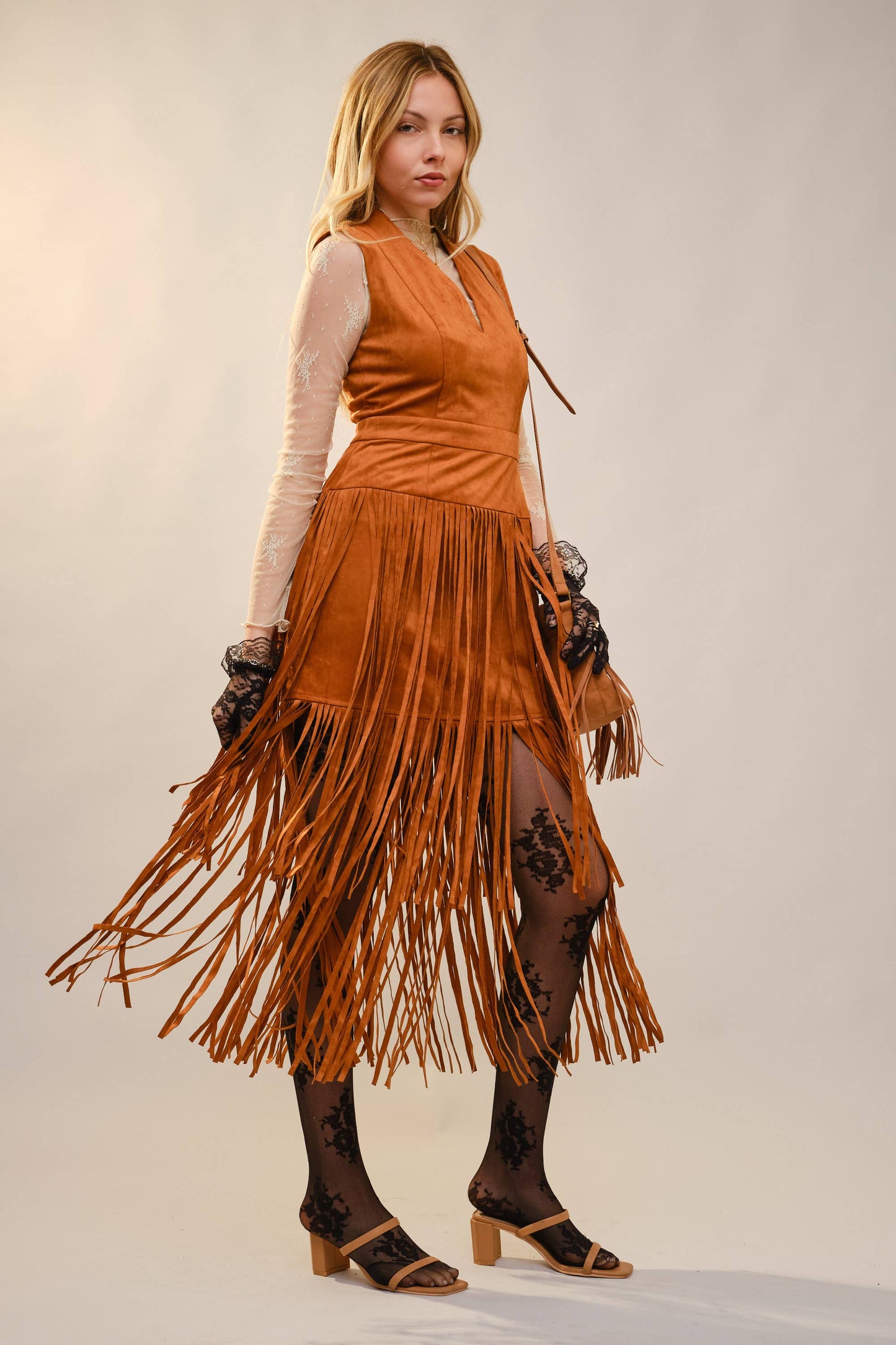 Suede V-Neck Fringe Tiered Dress: CAMEL