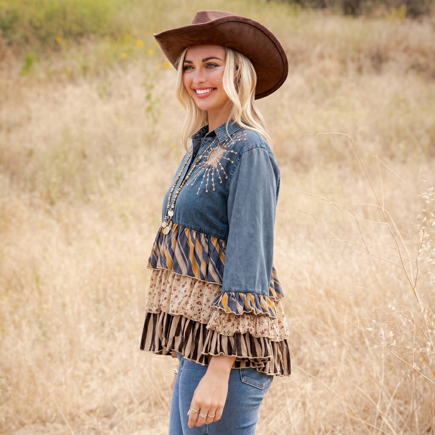Vintage Boho Denim Yoke Patchwork Tiered Tunic Top